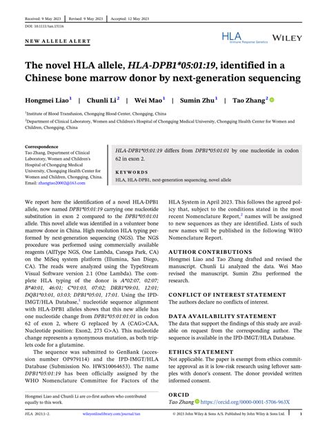 The Novel HLA Allele HLADPB1 05 01 19 Identified In A Chinese Bone