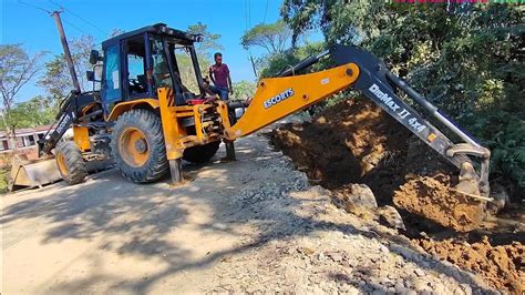 Escorts Digmax X Backhoe Working Pwd Road Construction Work On Road