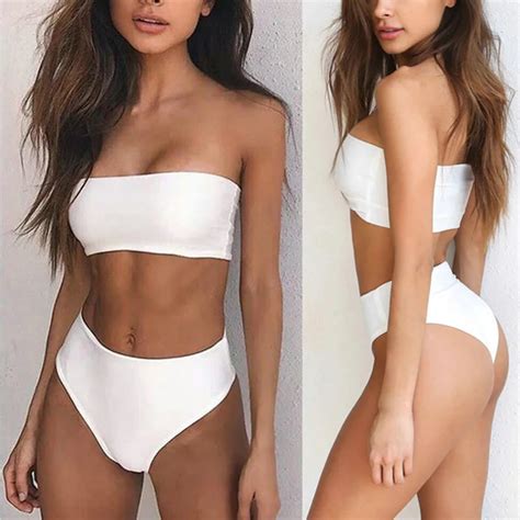 Sexy White Bandeau Bikini High Waist Swimsuit Strapless Bathing