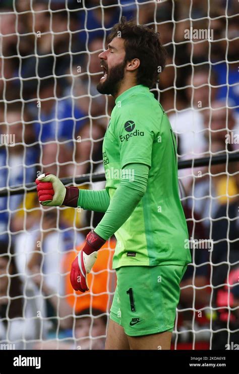 Liverpools Alisson Becker Celebrates After Save From Chelseas Mason