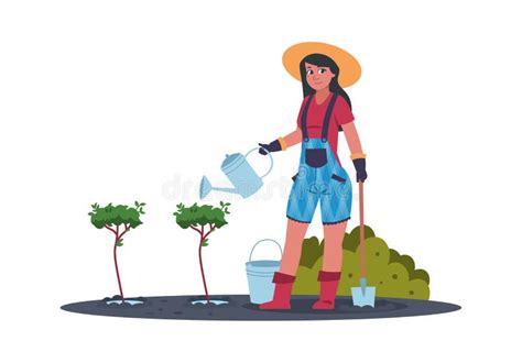 Trabajo Agrícola Caricatura Mujer Plantando árboles Frutales En El