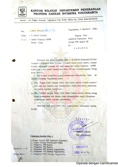 Surat Dari Kepala Kantor Wilayah Departemen Penerangan Yogyakarta