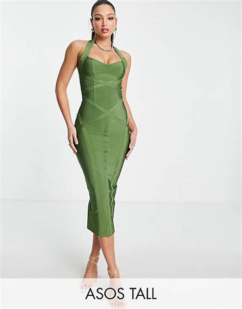 Asos Design Tall Halter Bandage Seamed Midi Dress In Khaki Asos