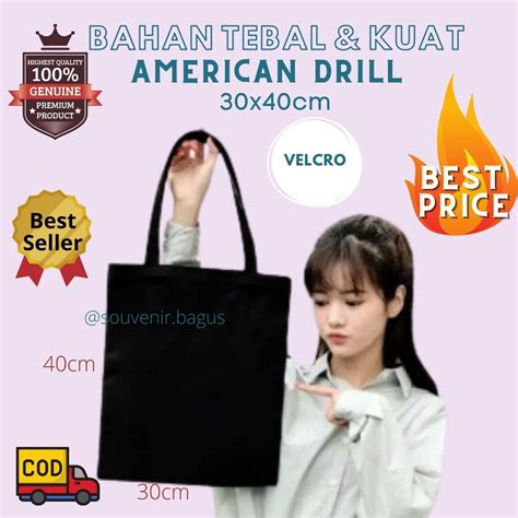 Jual Totebag Tas Bahu Totebag Polos Bahan Drill Premium Velcro Perekat