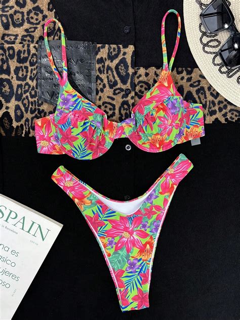 Shein Swim Ba Ador Bikini Con Estampado Tropical Con Aro Corte Alto