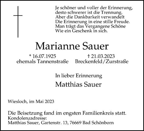 Traueranzeigen Von Marianne Sauer Trauer In Nrw De