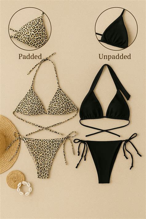 Stail Moda Kadın Siyah Leopar li Yandan ve Boyundan Bağlamalı Tangalı Üçgen Bikini Mayo Gecelik