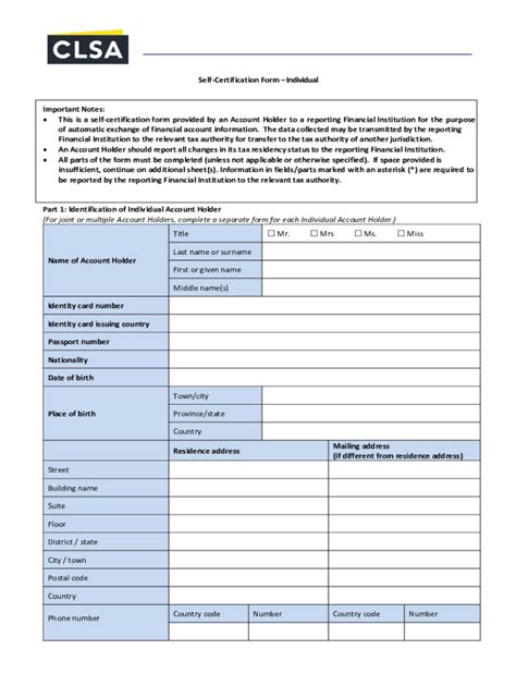 Fillable Online Crs Self Certification Form Individual Fax Email