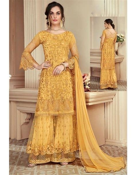 Yellow Designer Net Palazzo Kameez Sharara Designs Pakistani Dresses