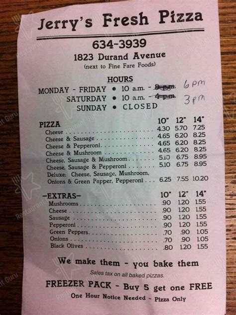 Menu at Jerry's Fresh Pizza pizzeria, Racine