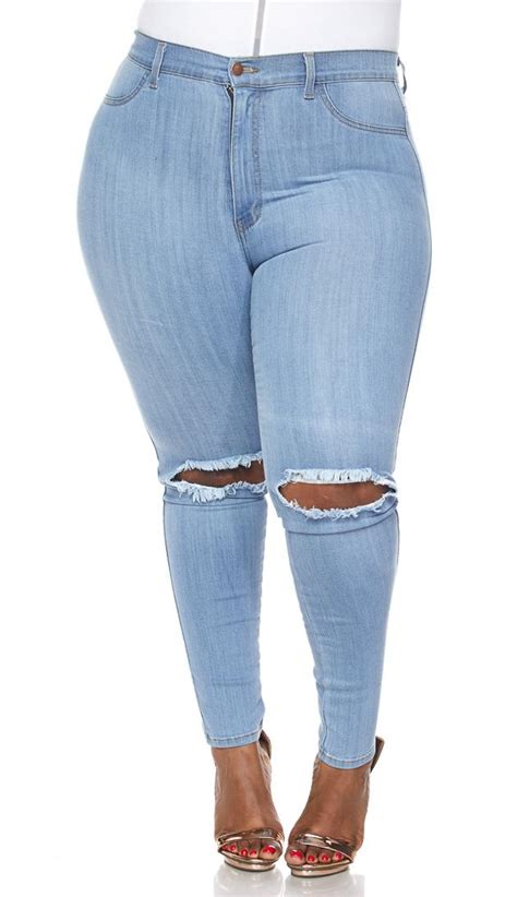 Plus Size Ripped Knee Super High Waisted Skinny Jeans Light Blue