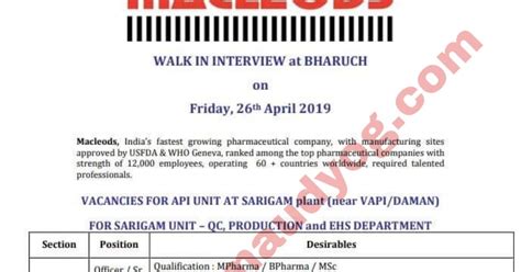 Macleods Walk In Interview For Multiple Departments Th April