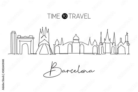 Single continuous line drawing of Barcelona city skyline, Spain. Famous ...