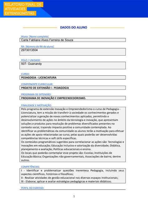 Projeto de extensão DADOS DO ALUNO Aluno Nome completo Carla