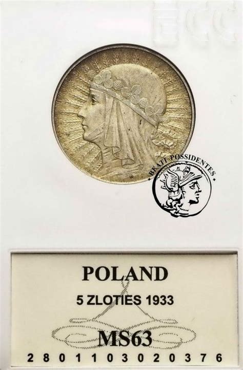 II RP 5 złotych głowa kobiety 1933 GCN MS 63 archiwum niemczyk pl