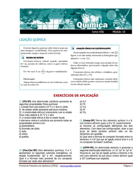 Lista de exercicios de ligações químicas 1 LIGAÇÃO QUÍMICA EXERCÍCIOS