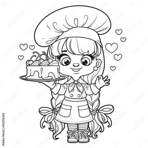 Cute Cartoon Long Haired Girl Chef With A Cake On Platter Shows Ok