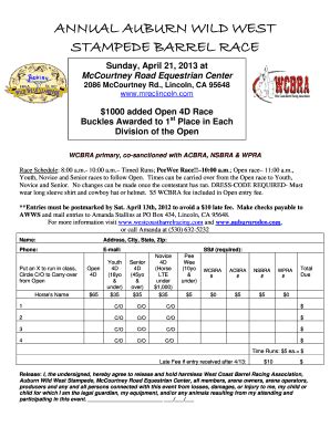 Fillable Online ANNUAL AUBURN WILD WEST STAMPEDE BARREL RACE Fax Email