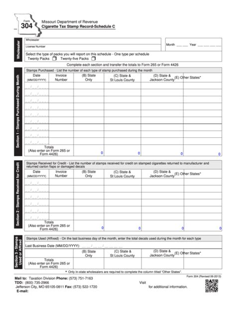 Fillable Form 304 Cigarette Tax Stamp Record Schedule C Printable