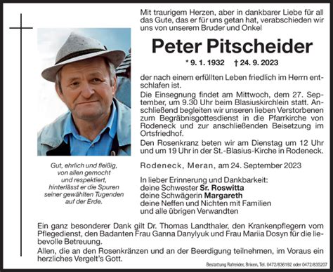 Traueranzeigen Von Peter Pitscheider Trauer Bz