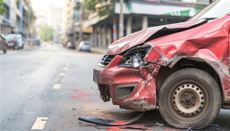 Red Car with Front-end Damage on Street Stock Photo - Image of modern ...