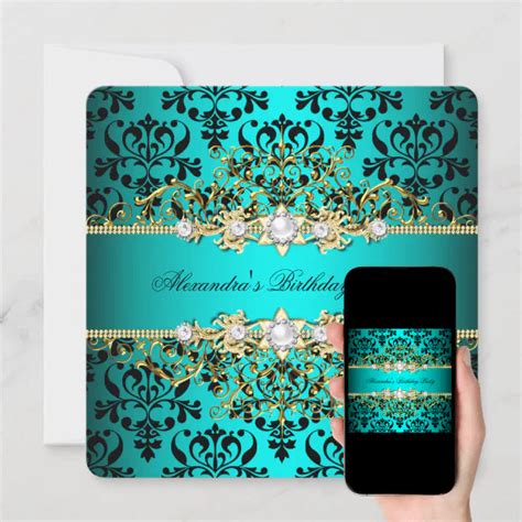 Elegant Teal Gold Black Damask Birthday Party Invitation Zazzle