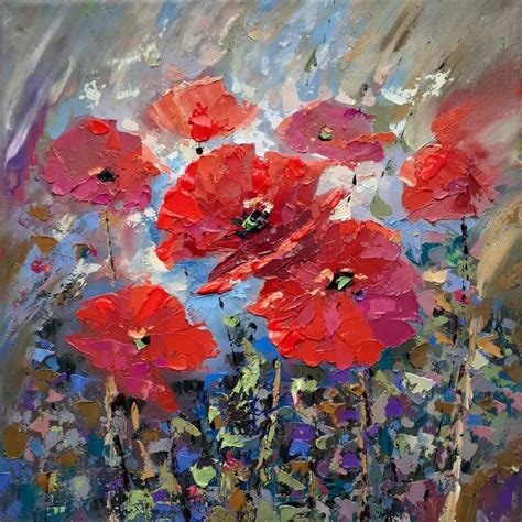 An Oil Painting Of Red Flowers On A Blue Background