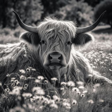 Una vaca de las tierras altas está sentada en un campo de margaritas