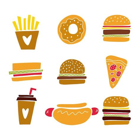 Premium Vector A Collection Of Fast Food Hamburger Pizza Coffee