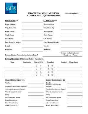 Fillable Online Confidential Questionnaire Groom Financial Advisory