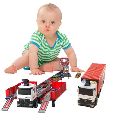 Godderr Kids Car Toys Toddler Transporter Truck Toys Set with Ejection Race Track Deformation ...