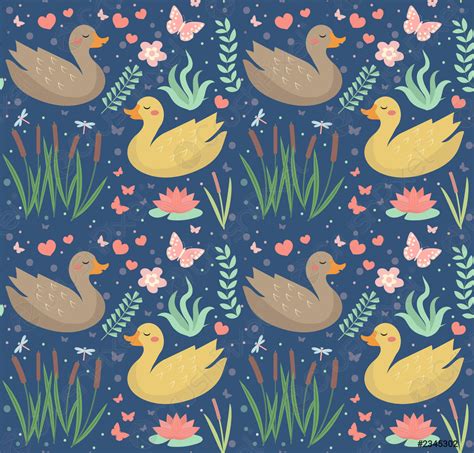 Cute Duck Seamless Pattern With Reeds Water Lily Flowers Plants