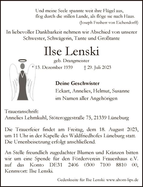 Traueranzeigen Von Ilse Lenski Trauer Rheinmain De