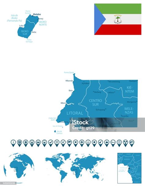 적도 기니 도시 지역 세계지도 및 지구본의 위치가 포함 된 상세한 파란색 국가지도 인포그래픽 아이콘 지도에 대한 스톡 벡터 아트