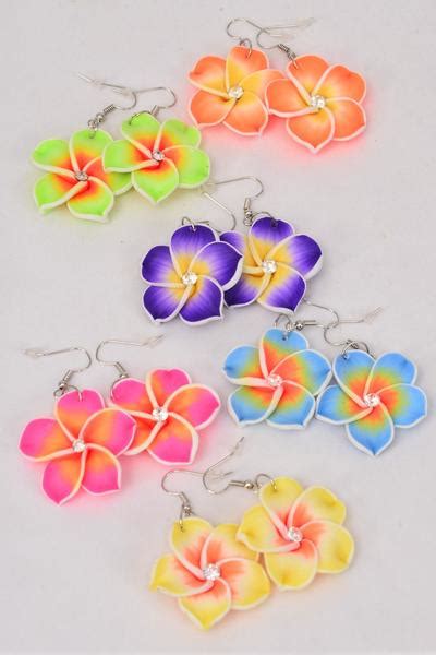 Earrings Paint Flowers Aloha Multi 12 Pair Dozen Fish Hook Flower