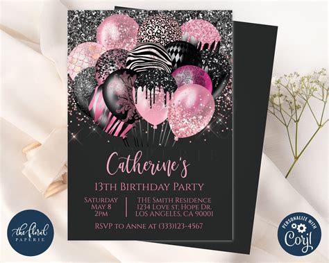 Black And Pink Birthday Invitation Template Editable Girl Etsy