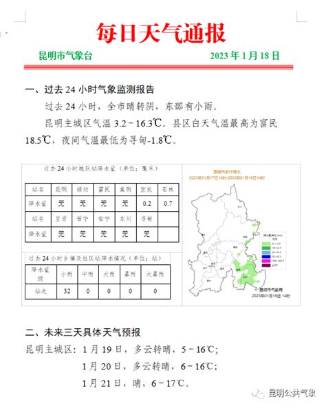 每日天气通报（2023年1月18日16时昆明市气象台发布）