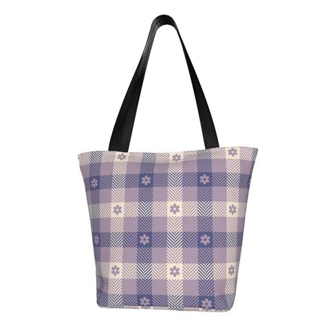 Kll Tote Bag For Women Purple Floral Gingham Check Plaid Print Shopping