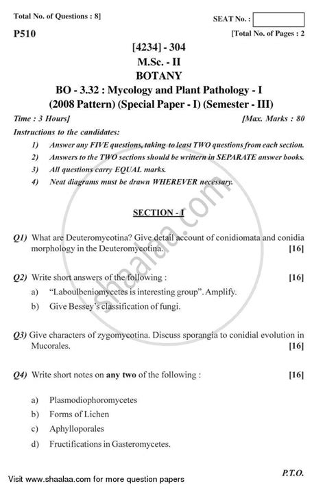 Botany Special Paper Mycology And Plant Pathology 1 2012 2013 M Sc