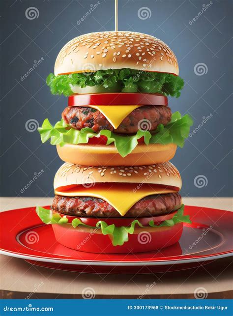 Layered Illusions Photorealistic Hamburgers On A Red Plate Stock