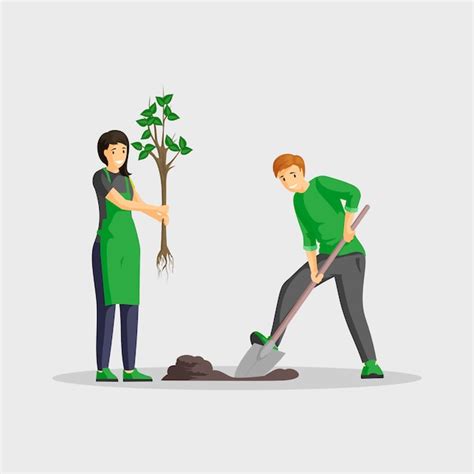 Pareja plantando árbol plano color ilustración personas jardinería