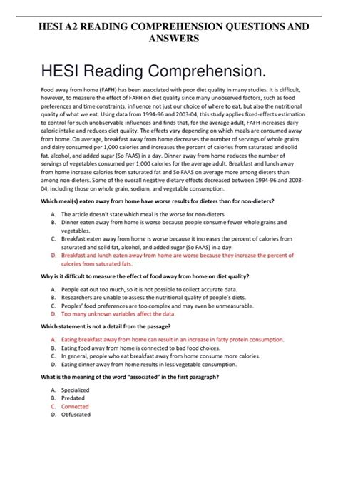 HESI A2 READING COMPREHENSION QUESTIONS AND ANSWERS Hesi A2 Stuvia US