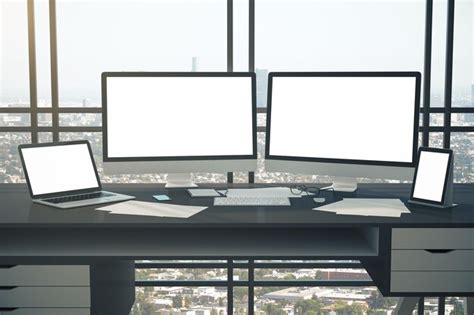 Premium Photo Coworking Designer Desktop With Two Computer Screen