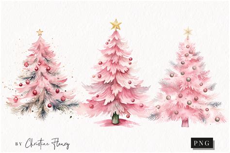 Watercolor Pink Christmas Trees Clipart Graphic By Christine Fleury