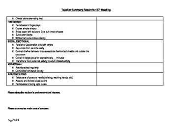 IEP Teacher Summary Report By EvelynD SLP TPT