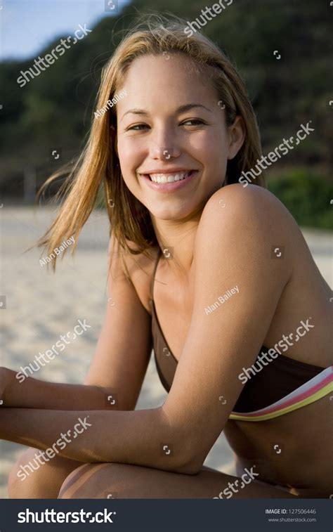 Woman Lying Bikini On Beach Smiling Stock Photo 127506446 Shutterstock