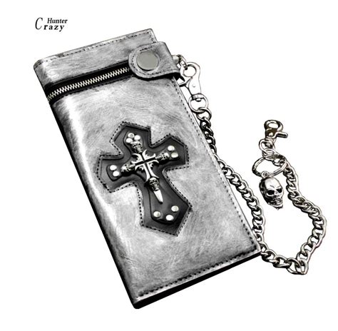 Vintage Silver Punk Biker Gothic Cross Long Leather Wallet With Skull