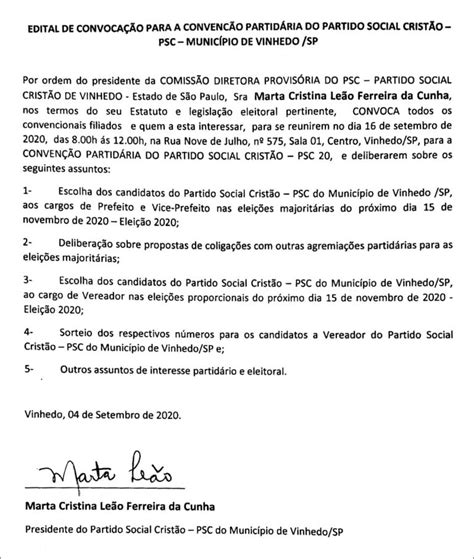 EDITAL CONVENÇÃO DO PARTIDO PSC VINHEDO 04 09 2020 Jornal de Vinhedo