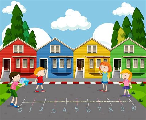 Children Playing In Front Of Colourful Houses Stock Vector