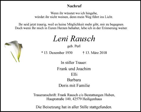 Traueranzeigen Von Leni Rausch Trauer In Nrw De